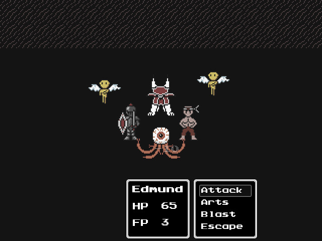 Three Ghostly Roses - A combat screen against various enemies, including a knight, cherubim, and an eyeball monster with tentacles 
